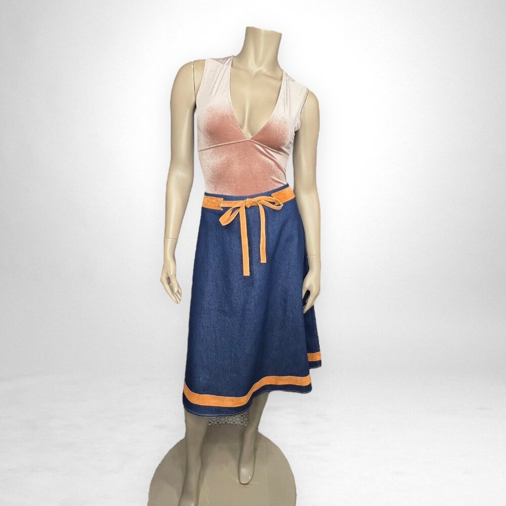 Vintage Denim Skirt with Leather Trim 6 - Picture 2 of 8